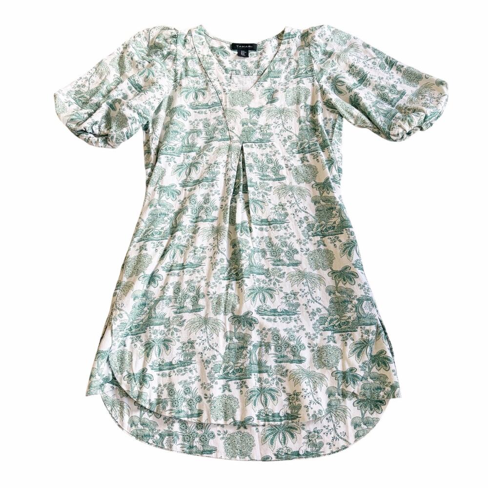 Tahari Dress Womens XS Linen Blend Green Tropical Toile Balloon Sleeve Loose